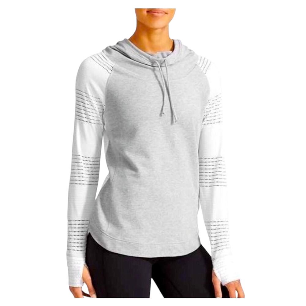 Athleta Limitless Hoodie S Gray White‎ Cowl Neck Perforated Sleeve Thumbhole Top
